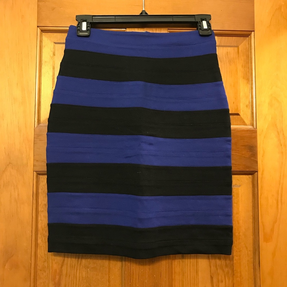 Express Black & Blue Striped Bandage Skirt